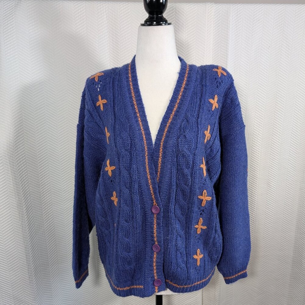 Vintage 80s Chunky Cable Knit Cardigan Blue Orange Wool Blend Est. size M to L